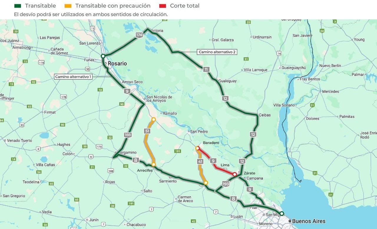 SIGUE CORTE TOTAL DE RUTA9, AU ROSARIO ENTRE BARADERO Y ZARATE, HAY QUE DESVIAR POR RUTA 8