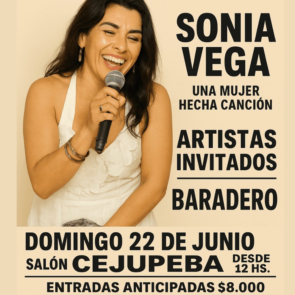 SONIA VEGA SE PRESENTARÁ EN BARADERO CON UNA PROPUESTA ÚNICA QUE COMBINA MÚSICA EN VIVO, PEÑA Y BAILE.