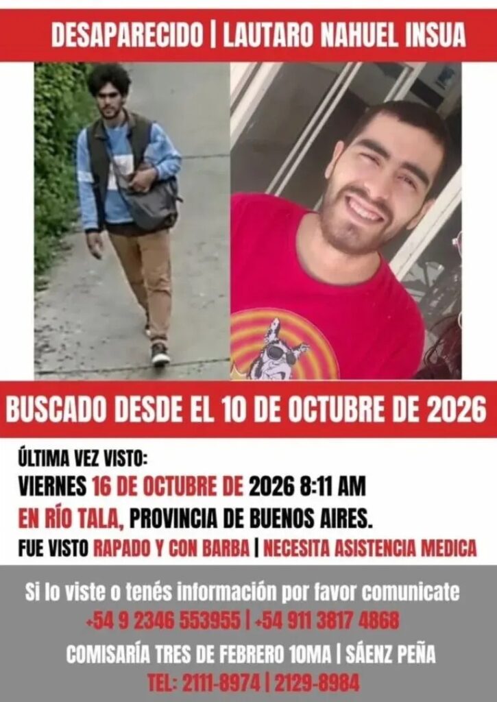 PIDEN AYUDA PARA ENCONTRAR A LAUTARO NAHUEL INSÚA: FUE VISTO POR ÚLTIMA VEZ EN RÍO TALA