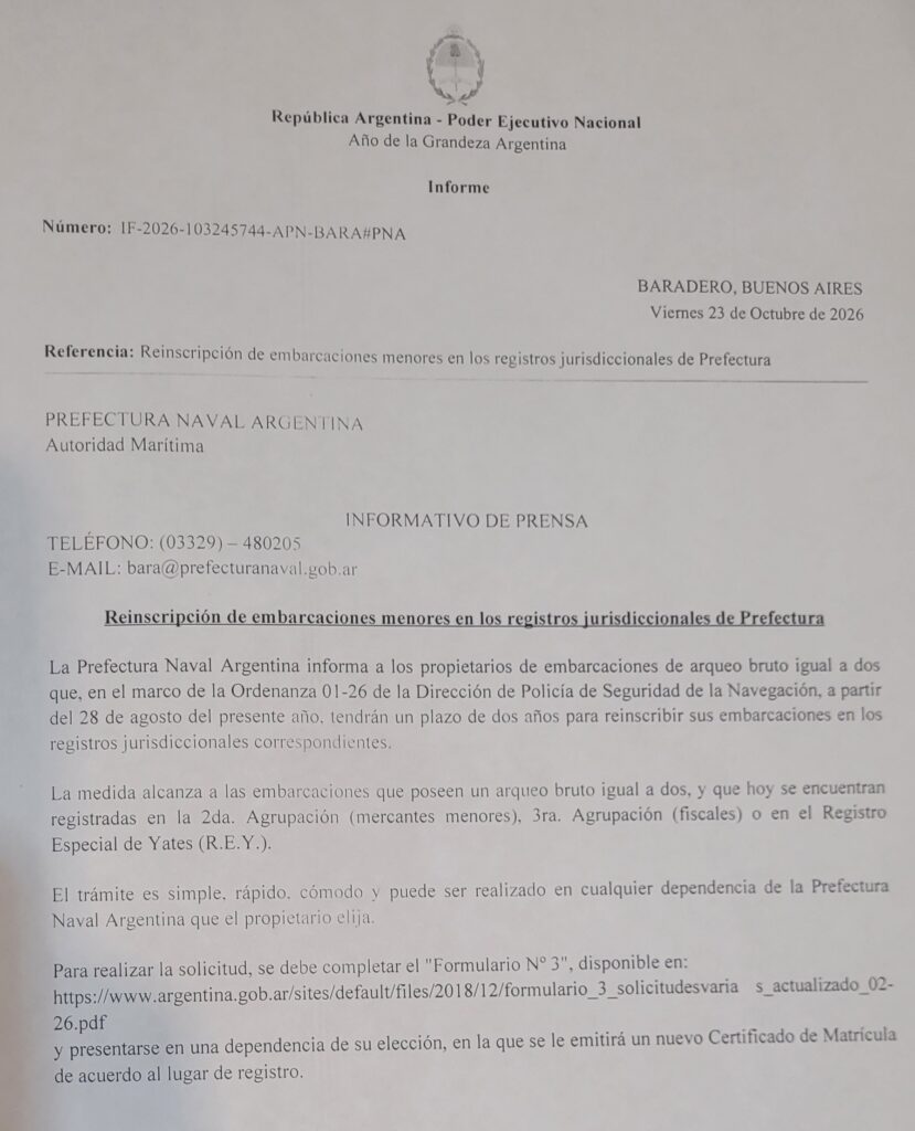 PREFECTURA: REINSCRIPCIÓN DE EMBARCACIONES MENORES CON PLAZO DE DOS AÑOS