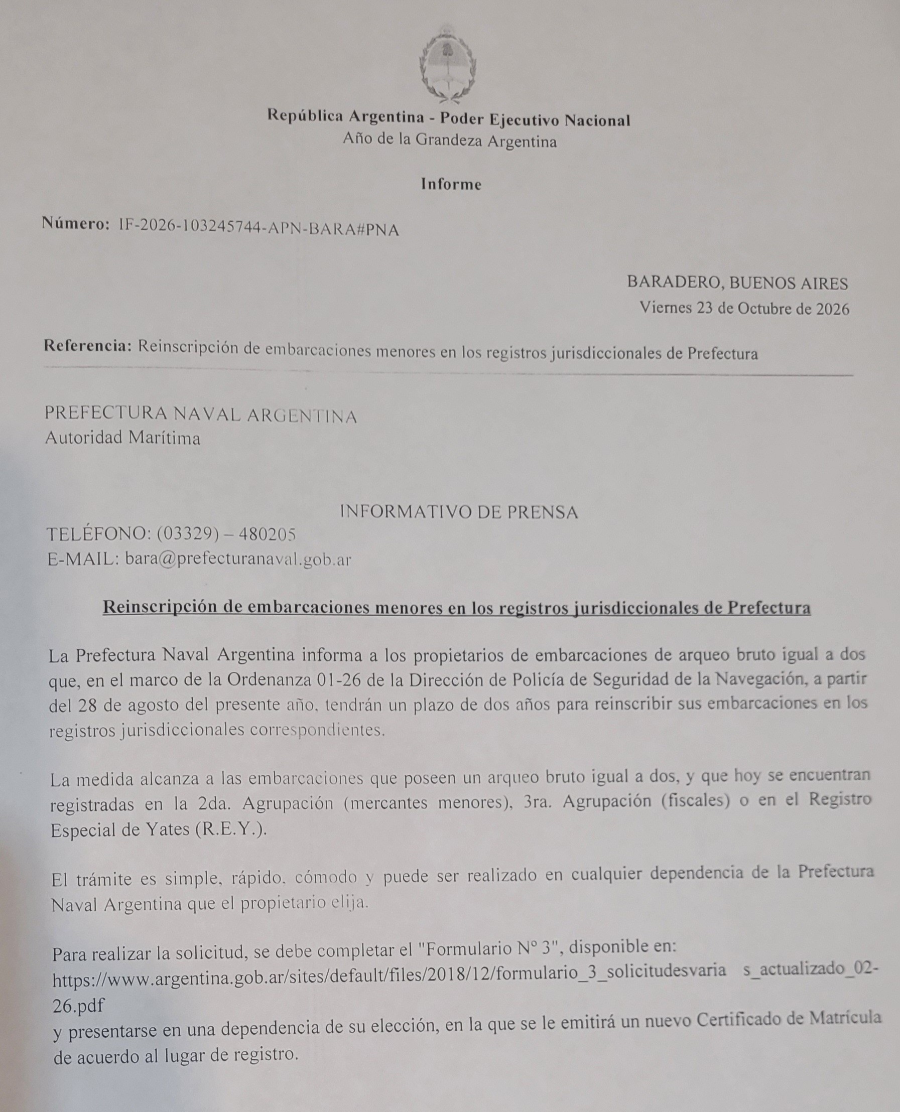 PREFECTURA: REINSCRIPCIÓN DE EMBARCACIONES MENORES CON PLAZO DE DOS AÑOS