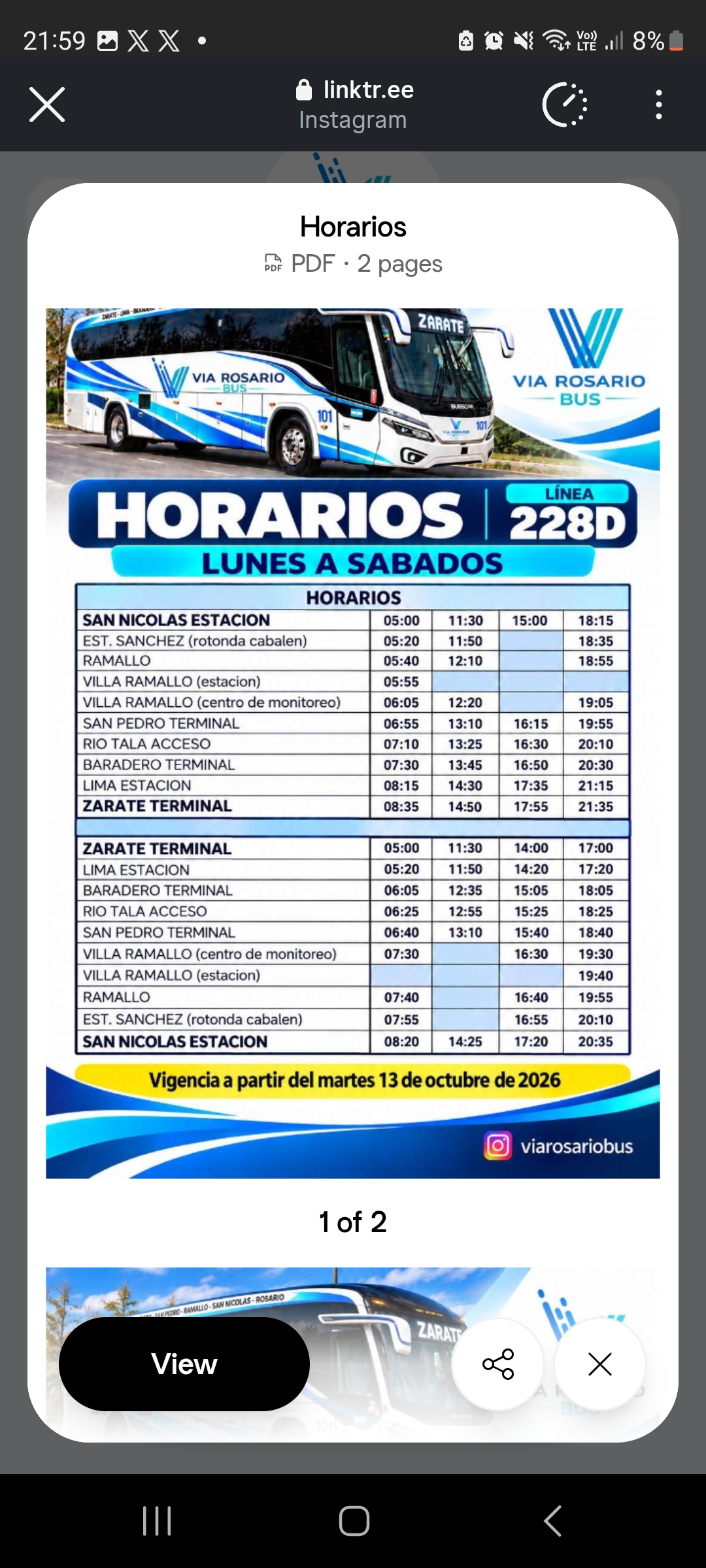 Grilla oficial 228D lunes a sábados — Vía Rosario